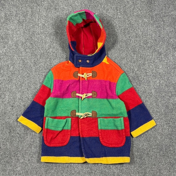 VTG United Colors of Benetton Toddler Girl XS Multicolor Wool Duffle Coat Jacket - Picture 1 of 10